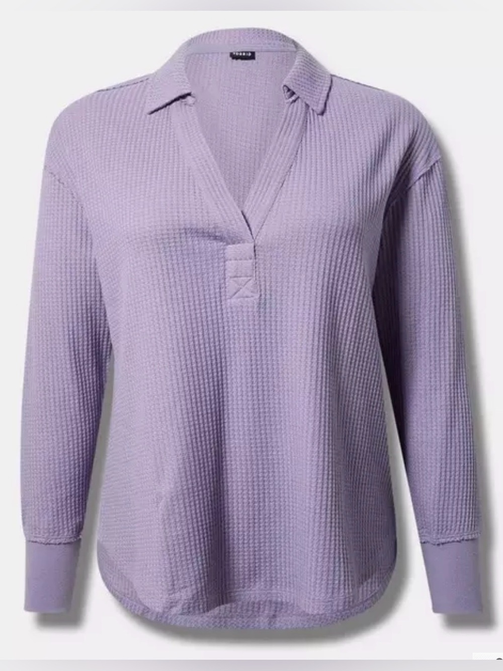 #9222 - Torrid Waffle V-Neck Johnny Collar Drop Shoulder Sweatshirt Dusk Purple